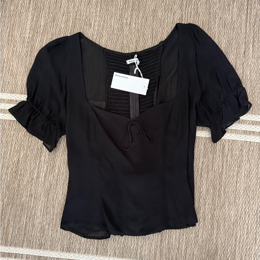 NWT Reformation Delevan Top Black Puff Sleeve Blouse size 6 - Picture 2 of 8